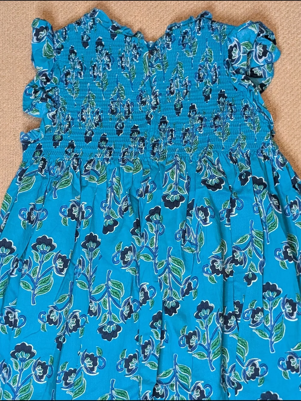 French Connection Girls Teal Blue Floral Patterned Cotton Smocked Dress